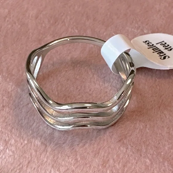 Sz 10 Triple Wave Layered Ring Stainless Steel Waterproof Organic Look Unisex - Picture 4 of 8